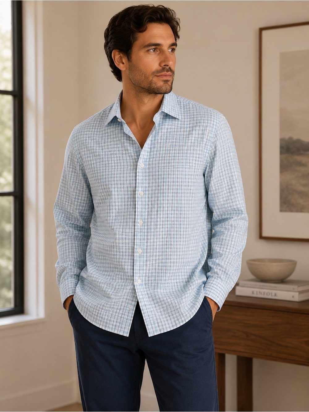 Michael Michael Kors No Iron Blue Green Plaid Dress Shirt 16.5 34/35 Large